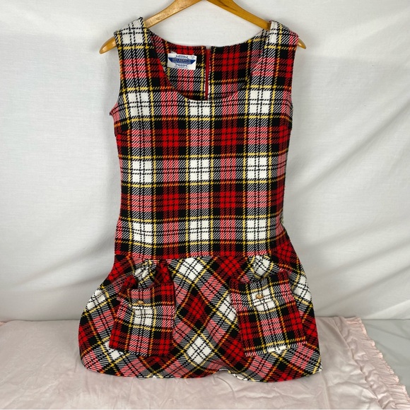 Vintage 70s Plaid Mini Dress Made in Japan Size 12 Red Tartan Mod - Picture 2 of 13